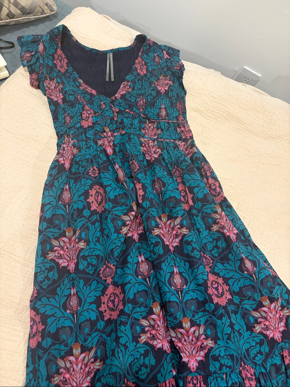 Anthropologie 100% Cotton Teal Maxi Dress with Pink Floral Print Size Small - Picture 7 of 9
